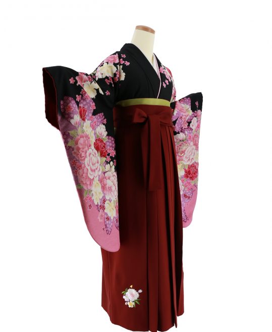 卒業式袴レンタルNo.662[ガーリー]黒×紫ピンクグラデ・赤バラ